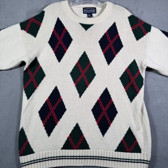 Bowen & Wright Mens Sweater M Ivory Black Red Diamond Print Chunky VNeck Grandpa - Picture 4 of 9